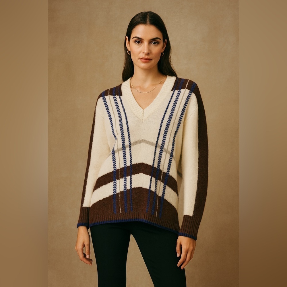 EXUS Striped Knit Sweater V-Neck Brown Cream Blue Size M Women’s Casual Pullover